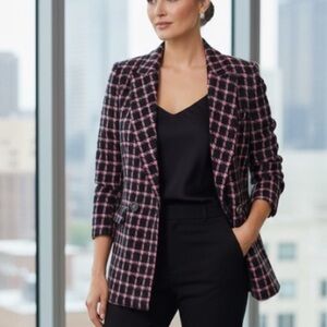 Rachel Zoe Pink Black Houndstooth Double Breasted Wool Blend Blazer Small